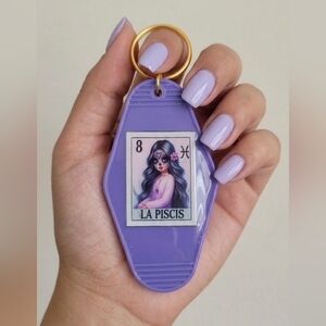 Handmade Purple La Piscis Zodiac Motel Keychain Retro DTF UV Resin Sealed